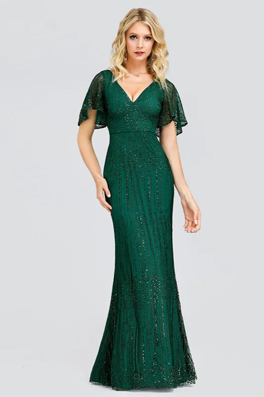 Glamorous Green Short Sleeve Prom Dress Long Mermaid Evening Gowns With Beadings-BallBride