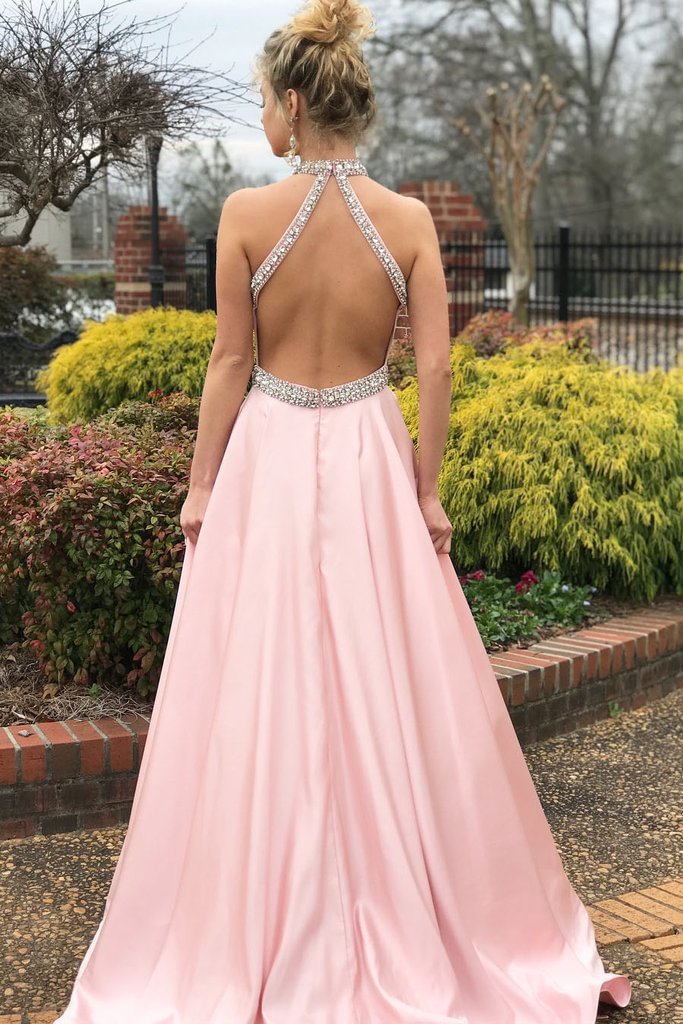 Glamorous High Neck Halter Pink Evening Dress Backless With Beads-BallBride