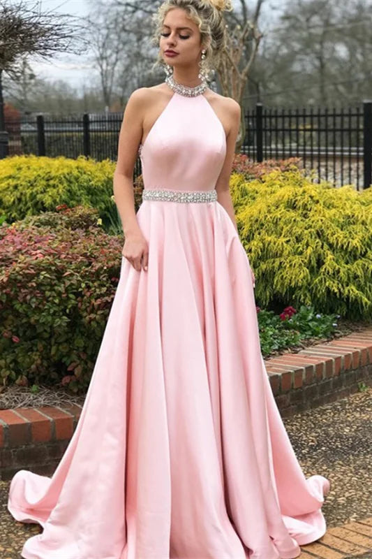 Glamorous High Neck Halter Pink Evening Dress Backless With Beads-BallBride