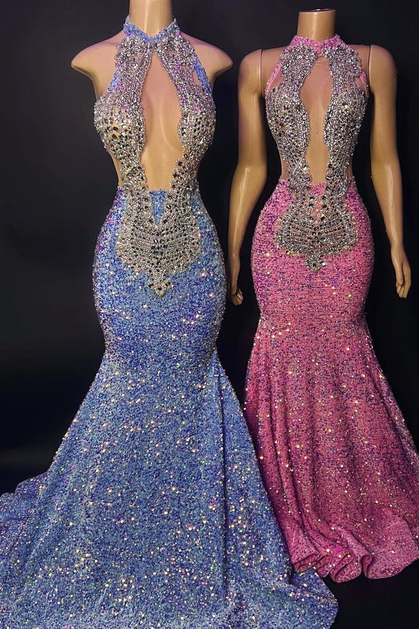 Glamorous High Neck Mermaid Prom Dress With Beaded Sequins And Appliques-BallBride