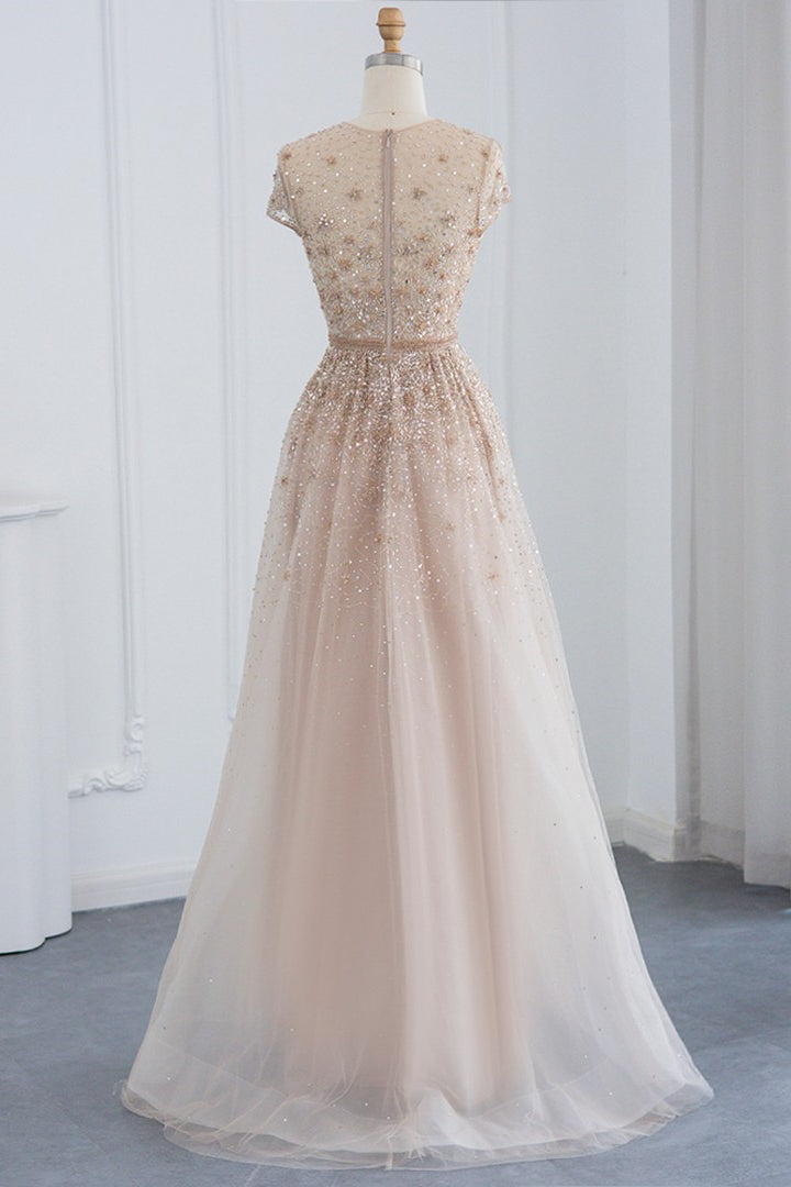 Glamorous Jewel Neck A Line Evening Dress with Tulle Appliques and Sequins-Evening Dresses-BallBride