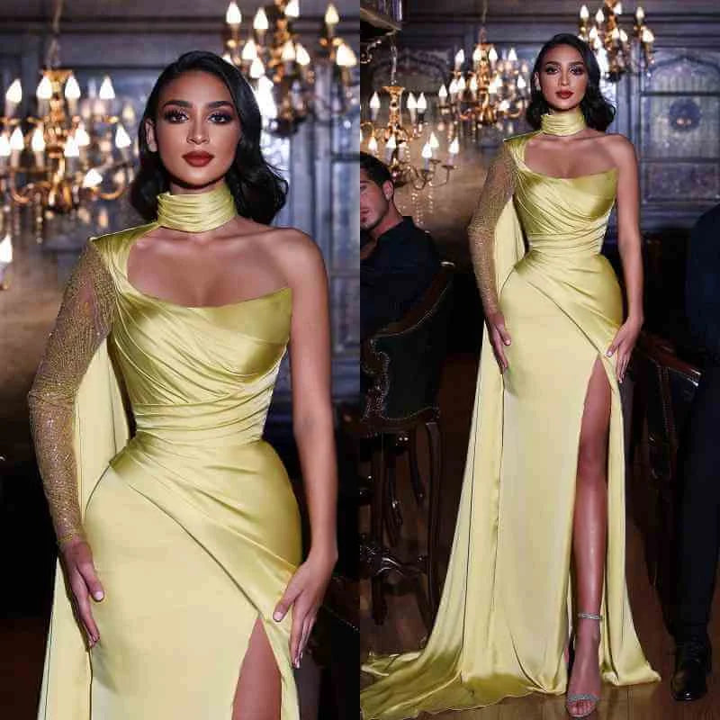 Glamorous Lemon High Neck Mermaid Evening Dress Split Long Sleeves With Beads-BallBride