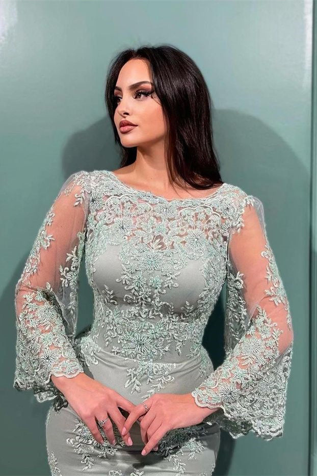 Glamorous Long Sleeve Mermaid Evening Dress with Lace Appliques Bateau-BallBride