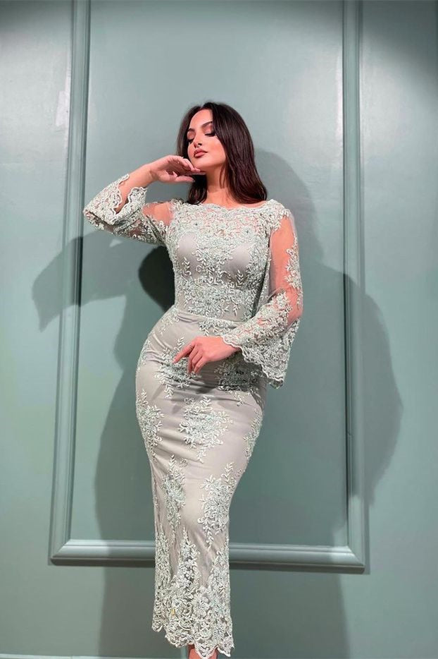 Glamorous Long Sleeve Mermaid Evening Dress with Lace Appliques Bateau-BallBride