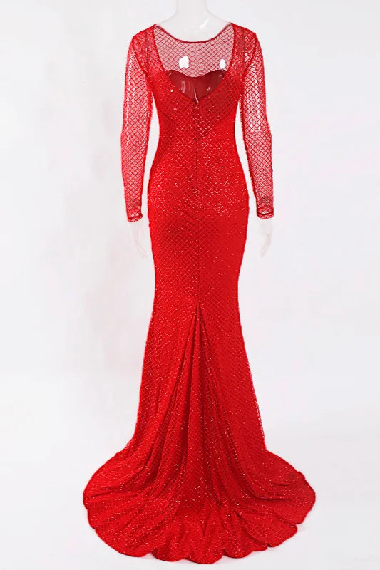 Glamorous Long Sleeve Red Prom Dress Long Mermaid Sequins Evening Gowns-BallBride