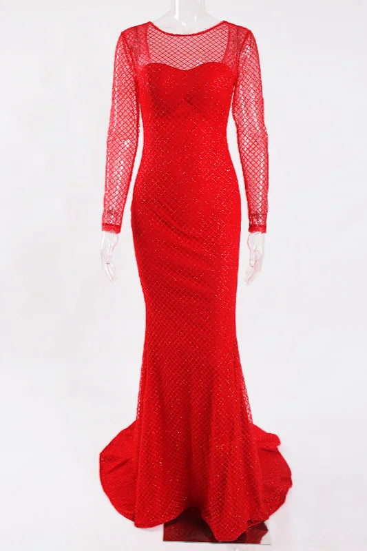 Glamorous Long Sleeve Red Prom Dress Long Mermaid Sequins Evening Gowns-BallBride