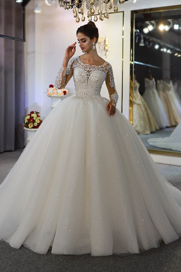 Glamorous Long Sleeved Lace Applique Sequined Scoop Wedding Dress-Wedding Dresses-BallBride