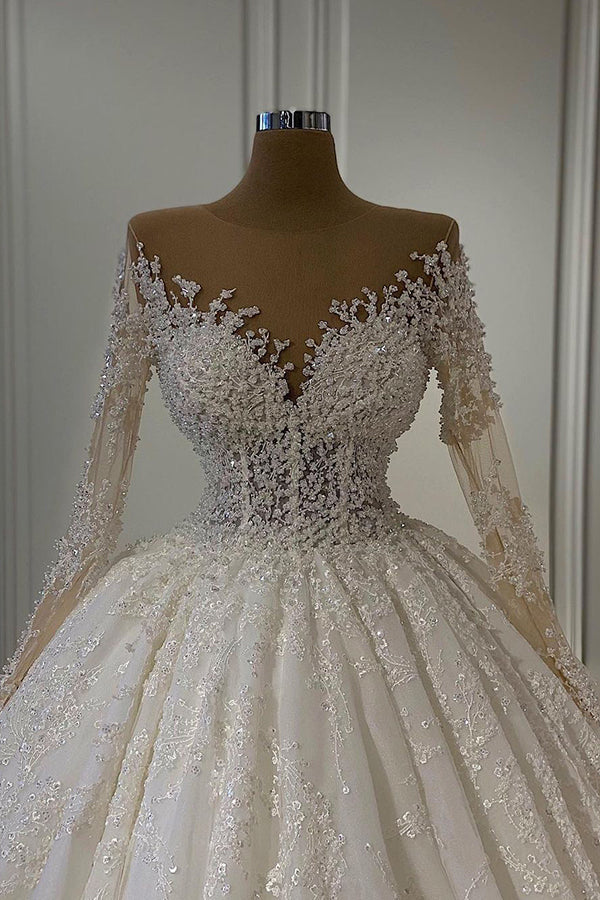 Glamorous Long Sleeves Ball Gown Wedding Dress with Lace Beadings-Wedding Dresses-BallBride