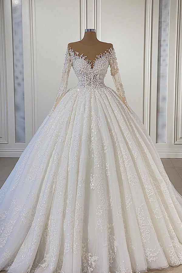 Glamorous Long Sleeves Ball Gown Wedding Dress with Lace Beadings-Wedding Dresses-BallBride