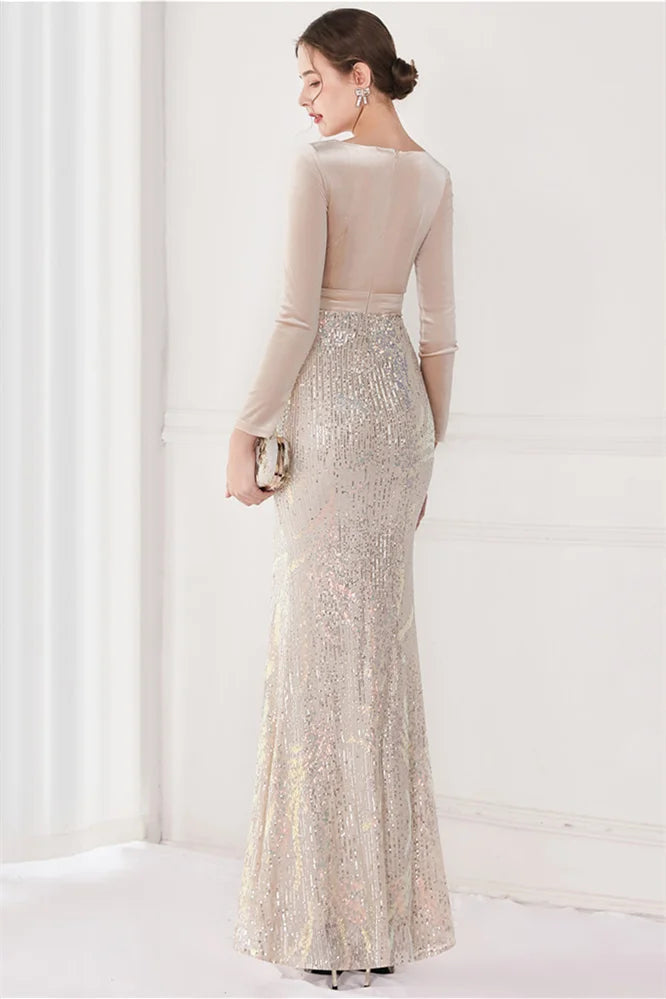 Glamorous Long Sleeves Mermaid Evening Dress Sequins V-Neck With Slit-BallBride