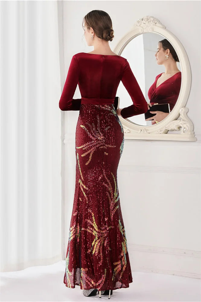 Glamorous Long Sleeves Mermaid Evening Dress Sequins V-Neck With Slit-BallBride