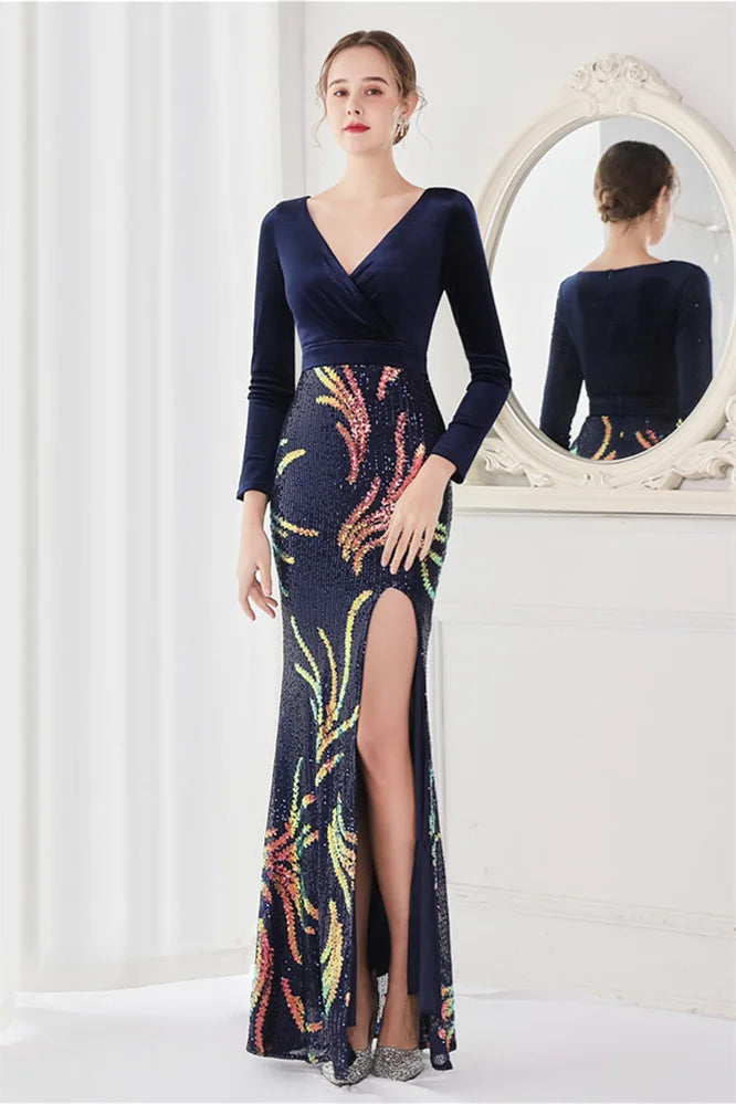 Glamorous Long Sleeves Mermaid Evening Dress Sequins V-Neck With Slit-BallBride