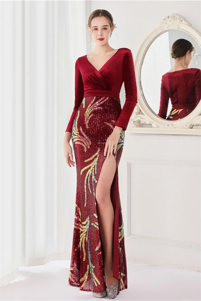 Glamorous Long Sleeves Mermaid Evening Dress Sequins V-Neck With Slit-BallBride