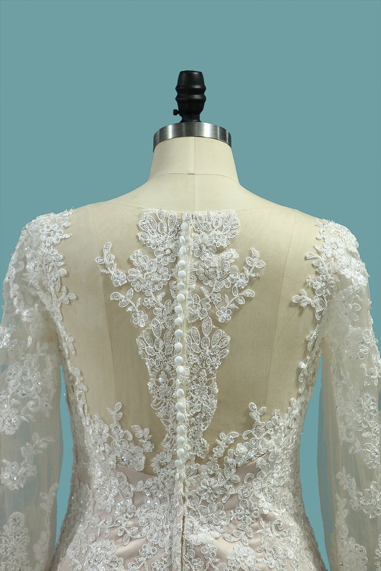 Glamorous Long Sleeves Mermaid Wedding Dress with Lace Appliques-Wedding Dresses-BallBride