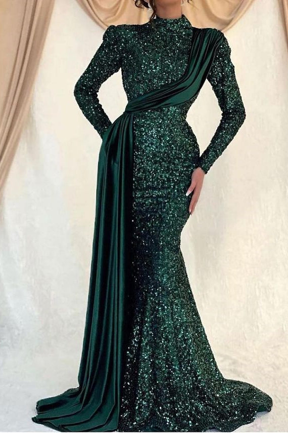 Glamorous Long Sleeves Prom Dress with Mermaid Sequins and Ruffles-Prom Dresses-BallBride