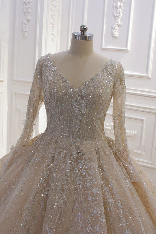 Glamorous Long Sleeves V-neck Ball Gown Wedding Dress With Sequins Beading Ruffles-Wedding Dresses-BallBride
