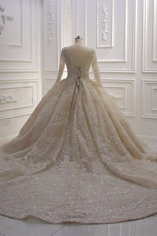Glamorous Long Sleeves V-neck Ball Gown Wedding Dress With Sequins Beading Ruffles-Wedding Dresses-BallBride