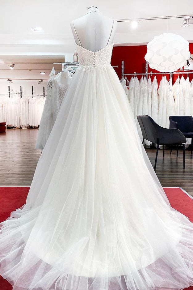 Glamorous Long Sweetheart Spaghetti-Straps Wedding Dress with Tulle Lace-Wedding Dresses-BallBride