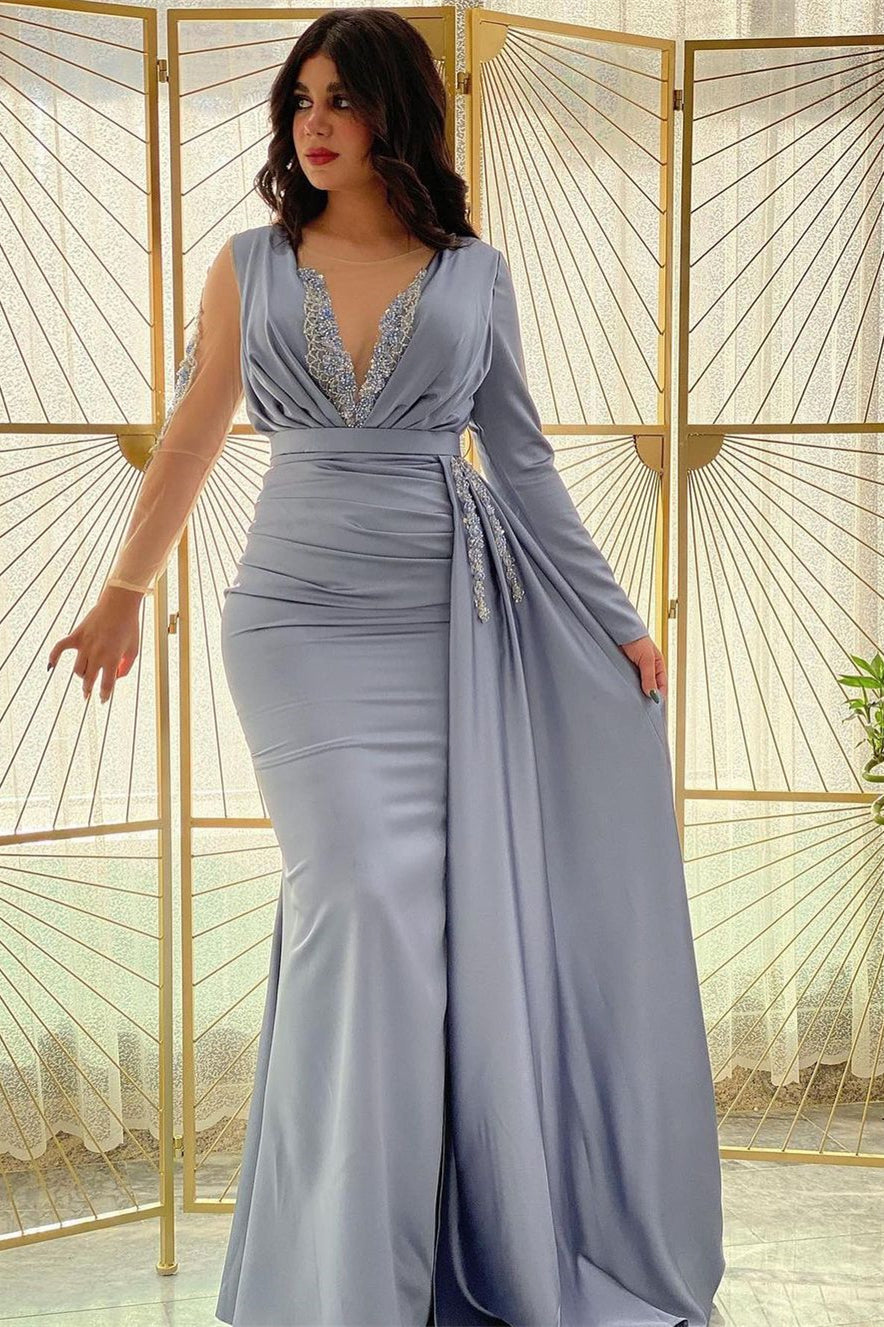 Glamorous Mermaid Prom Dress with Long Sleeves and Split Ruffle-BallBride