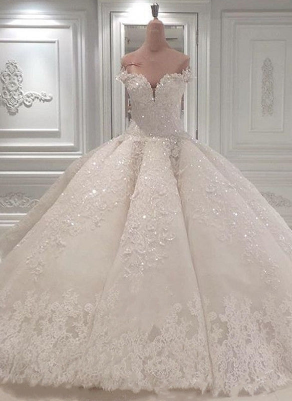 Glamorous Off-the-Shoulder Ball Gown Wedding Dress With Beadings-Wedding Dresses-BallBride