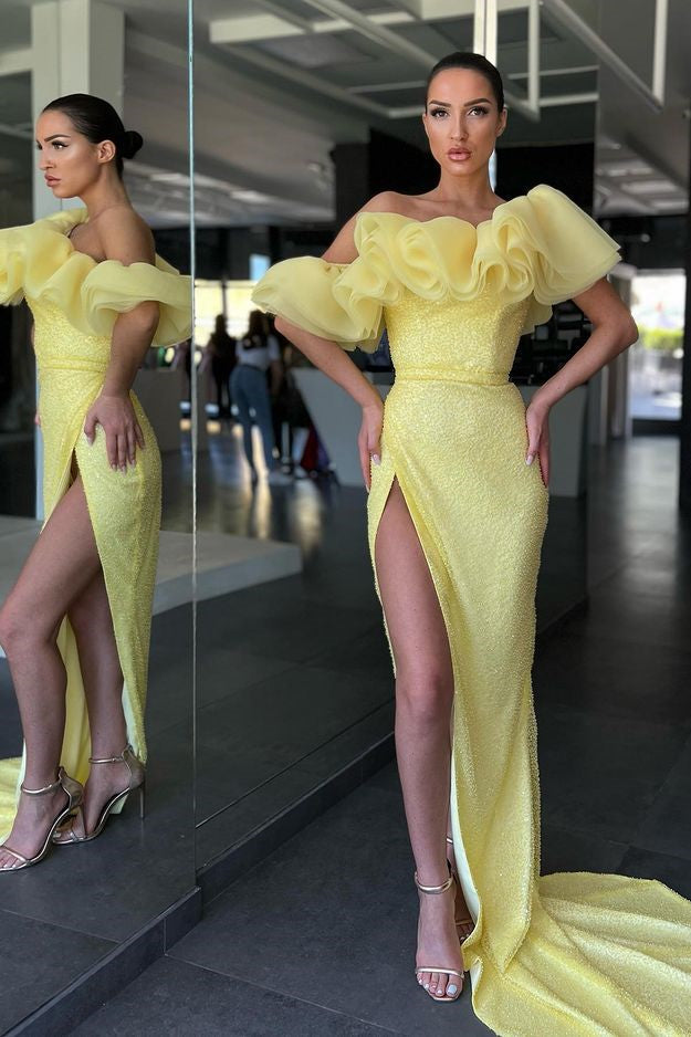 Glamorous Off-The-Shoulder Evening Dress with Split Sequins - Daffodil Mermaid-BallBride