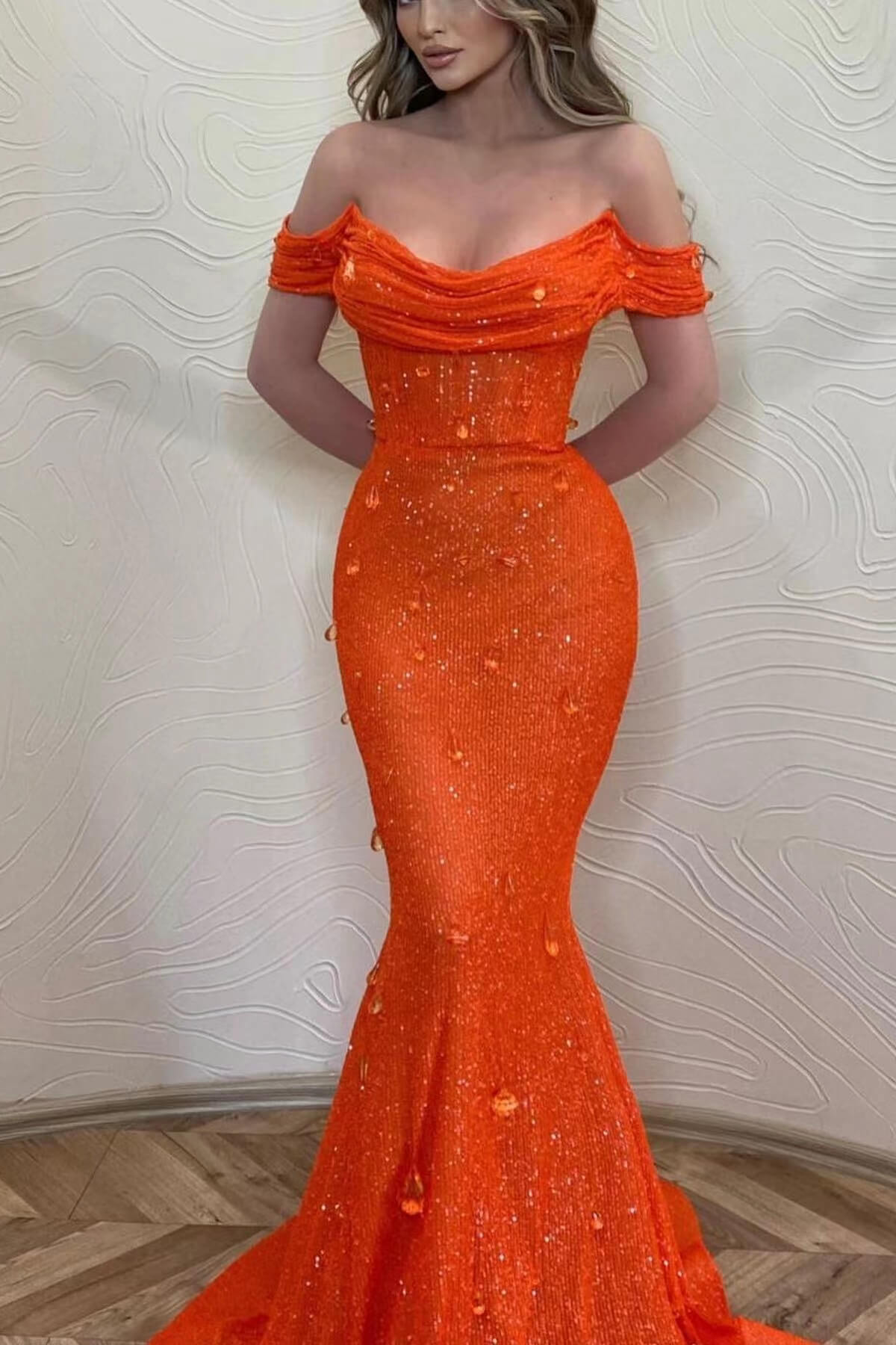 Glamorous Orange Off-The-Shoulder Prom Dress With Sequins Mermaid-BallBride