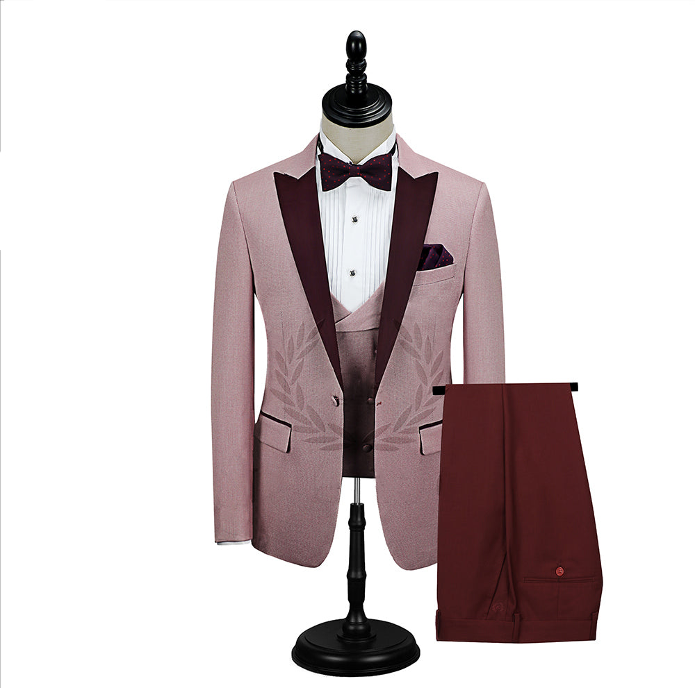 Glamorous Pink One Button Wedding Suit For Men With Burgundy Peak Lapel-Wedding Suits-BallBride