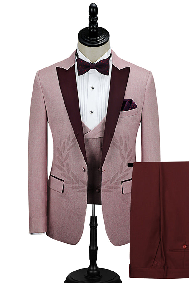 Glamorous Pink One Button Wedding Suit For Men With Burgundy Peak Lapel-Wedding Suits-BallBride