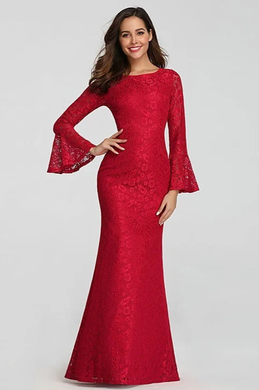 Glamorous Red Lace Prom Dress Mermaid Long Sleeve Evening Gowns-BallBride