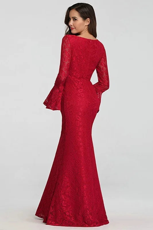 Glamorous Red Lace Prom Dress Mermaid Long Sleeve Evening Gowns-BallBride