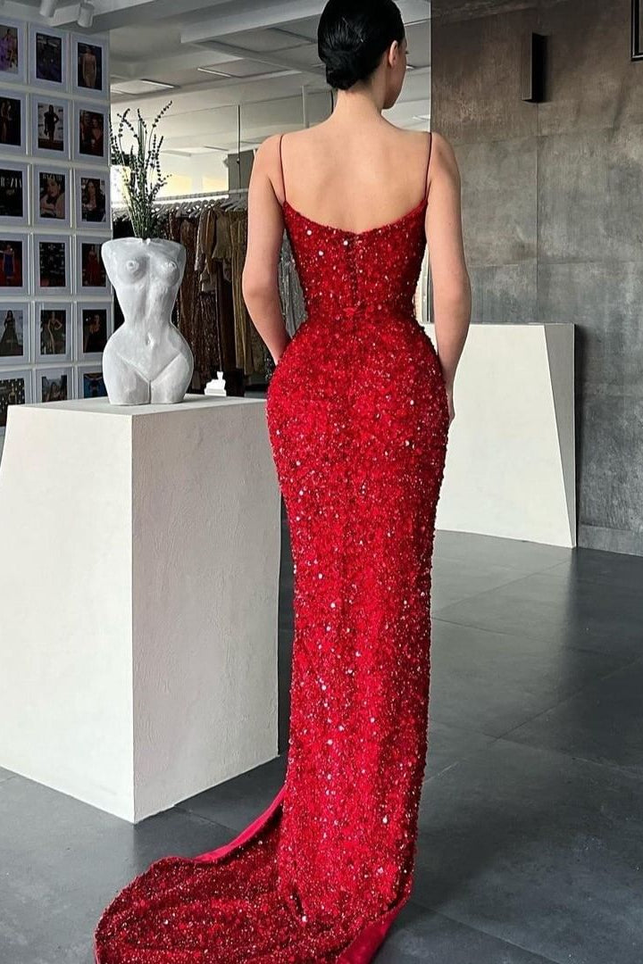 Glamorous Red Mermaid Evening Dress with Split Spaghetti-Straps and Sequins-Evening Dresses-BallBride