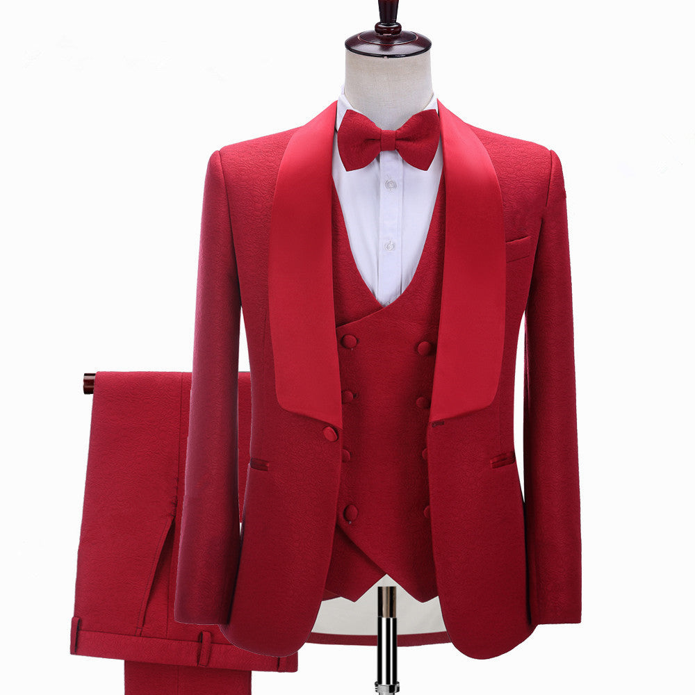 Glamorous Red Three-Piece Wedding Suit For Men - Slim Fit Shawl Lapel-Wedding Suits-BallBride