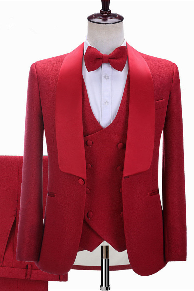 Glamorous Red Three-Piece Wedding Suit For Men - Slim Fit Shawl Lapel-Wedding Suits-BallBride