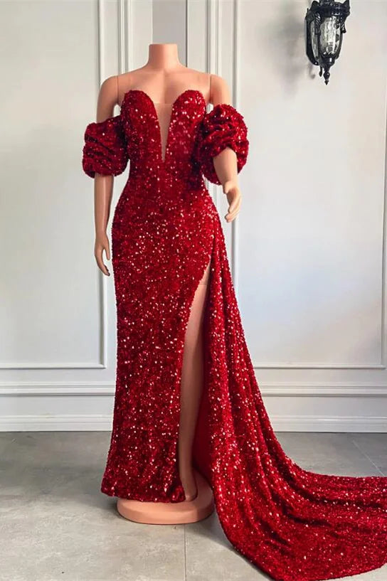 Glamorous Sequins Mermaid Evening Dress Slit With Detachable Sleeve-BallBride