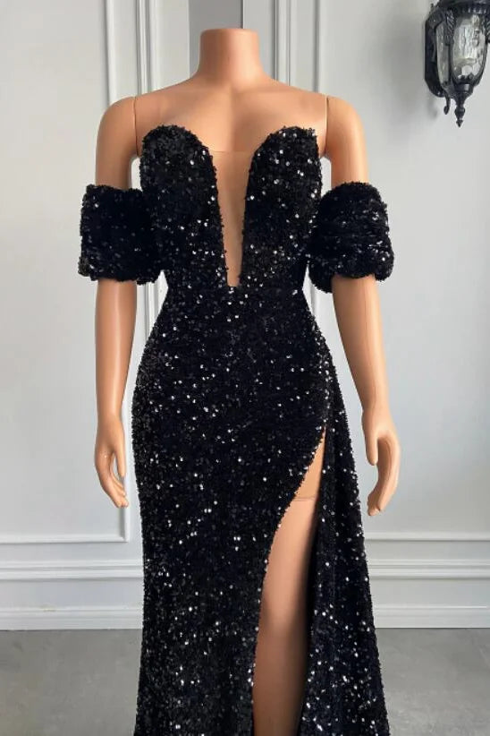 Glamorous Sequins Mermaid Evening Dress Slit With Detachable Sleeve-BallBride