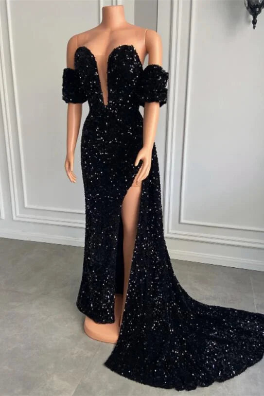 Glamorous Sequins Mermaid Evening Dress Slit With Detachable Sleeve-BallBride