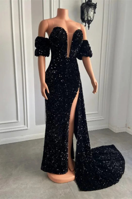 Glamorous Sequins Mermaid Evening Dress Slit With Detachable Sleeve-BallBride