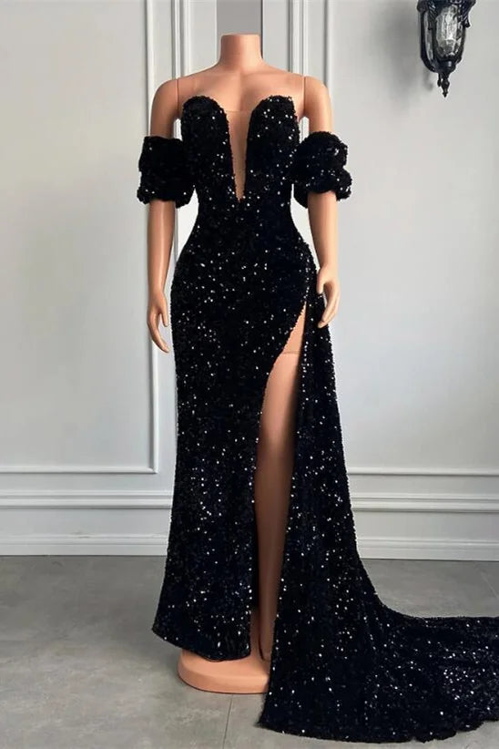 Glamorous Sequins Mermaid Evening Dress Slit With Detachable Sleeve-BallBride