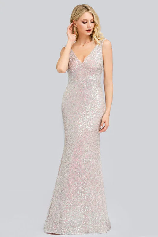 Glamorous Sleeveless V-Neck Sequins Prom Dress Mermaid Long Evening Gowns-BallBride