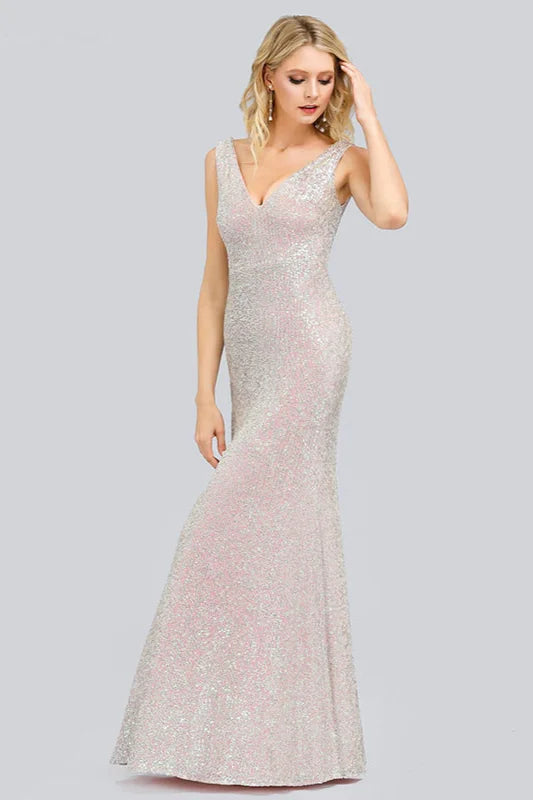 Glamorous Sleeveless V-Neck Sequins Prom Dress Mermaid Long Evening Gowns-BallBride