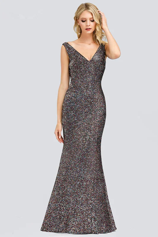 Glamorous Sleeveless V-Neck Sequins Prom Dress Mermaid Long Evening Gowns-BallBride