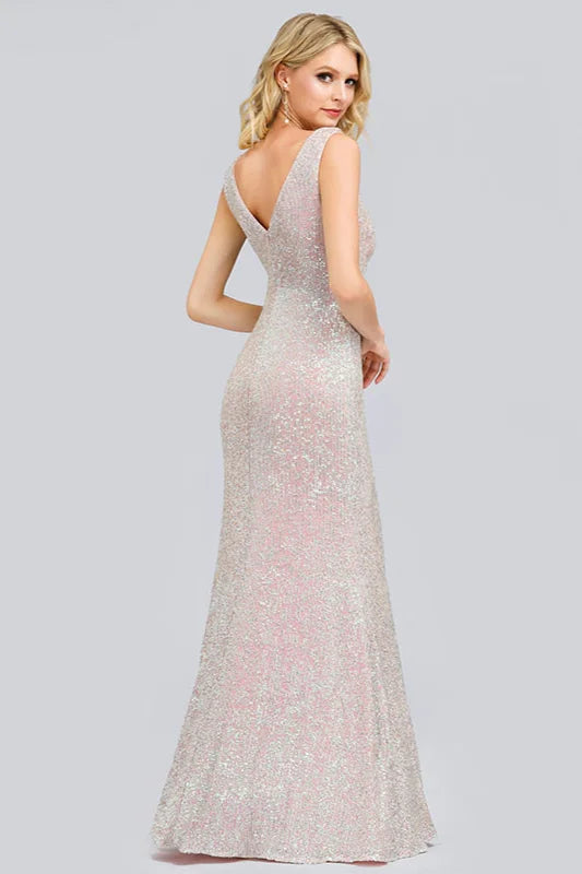 Glamorous Sleeveless V-Neck Sequins Prom Dress Mermaid Long Evening Gowns-BallBride