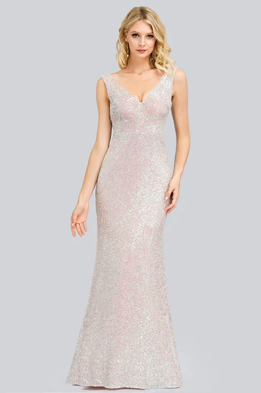 Glamorous Sleeveless V-Neck Sequins Prom Dress Mermaid Long Evening Gowns-BallBride