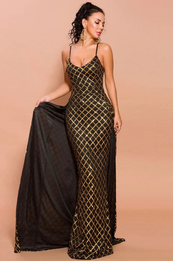Glamorous Spaghetti-Straps Gold Prom Dress Long Evening Gowns With Overskirt-BallBride