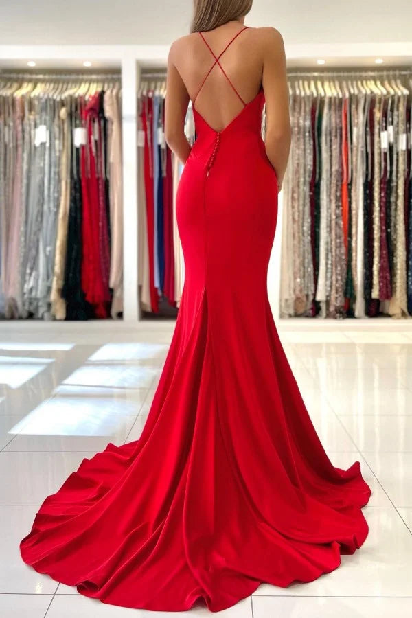 Glamorous Spaghetti-Straps Red Evening Dress Mermaid Long Sleeveless-BallBride