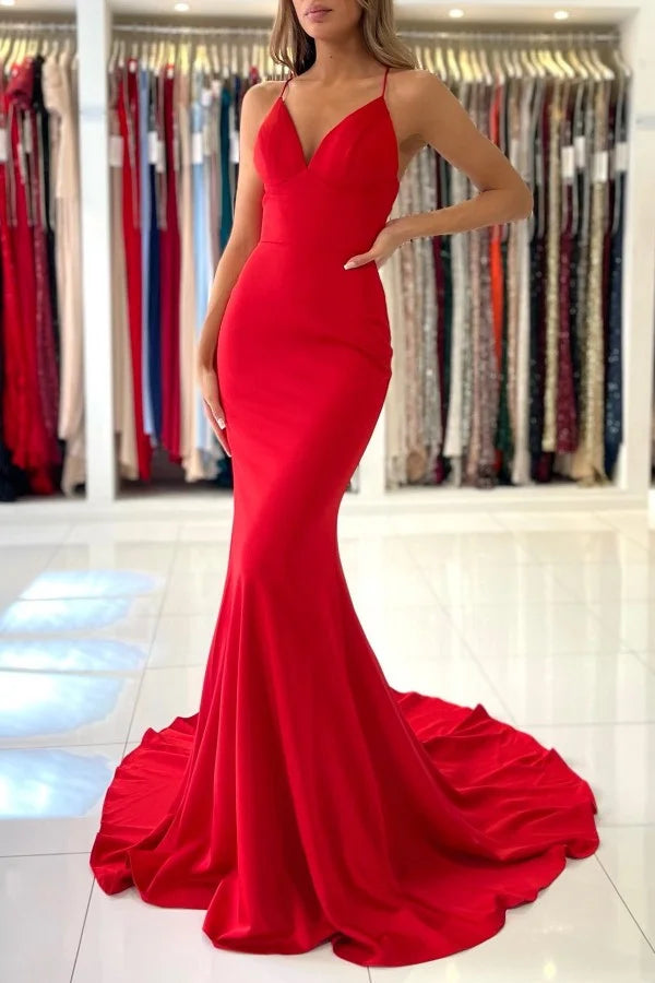 Glamorous Spaghetti-Straps Red Evening Dress Mermaid Long Sleeveless-BallBride