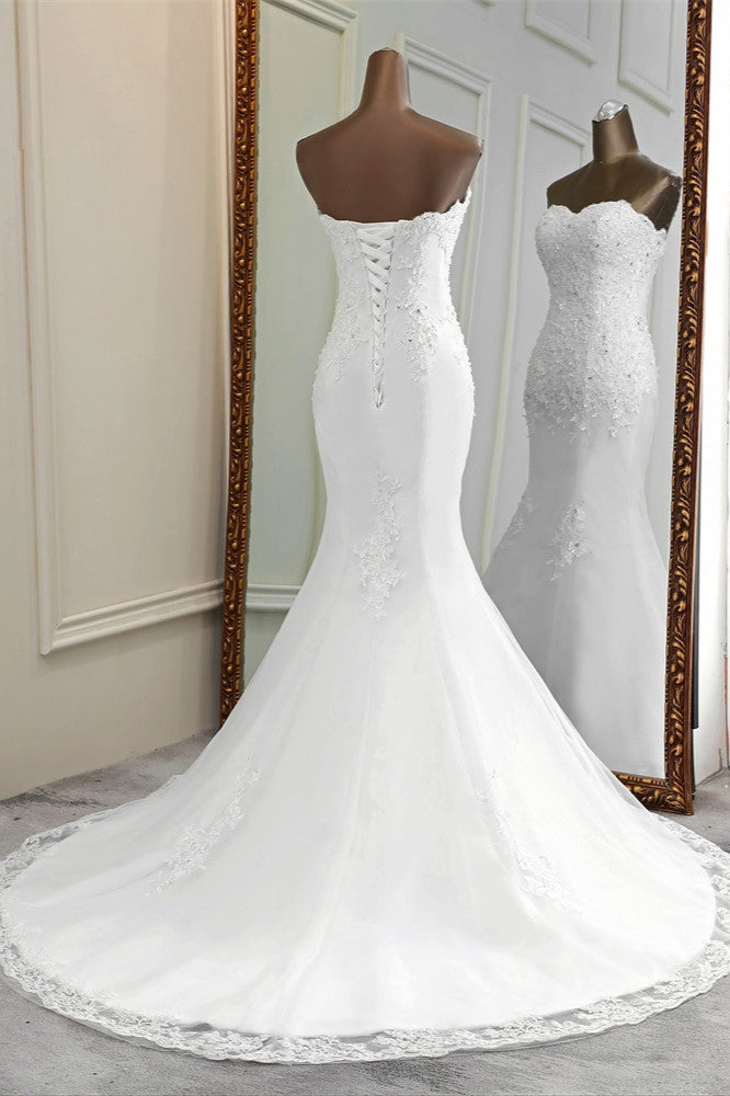Glamorous Strapless Lace Appliques Long Mermaid Wedding Dress With Beadings-Wedding Dresses-BallBride