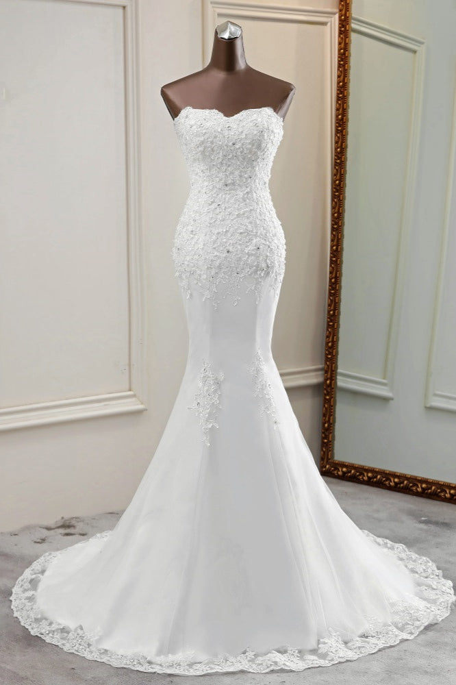 Glamorous Strapless Lace Appliques Long Mermaid Wedding Dress With Beadings-Wedding Dresses-BallBride