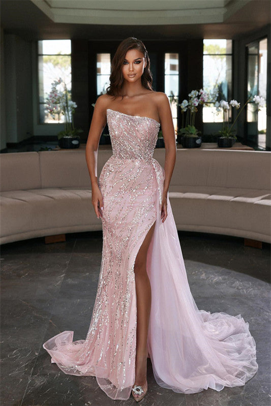 Glamorous Strapless Mermaid Evening Dress with Beadings, Slit & Ruffles - Pink-BallBride