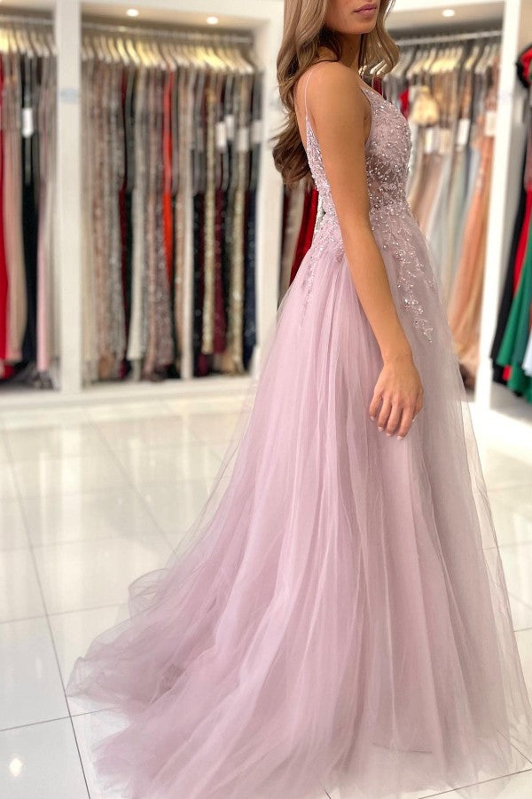 Glamorous Tulle Spaghetti Strap A-Line Evening Dress With Beadings-Evening Dresses-BallBride